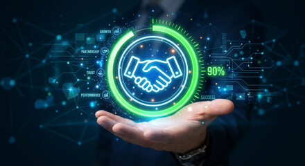 Obraz premium Business partnership concept with glowing handshake hologram, trust icons and growth indicators above open hand, collaboration, success, teamwork, corporate strategy, leadership, digital business back