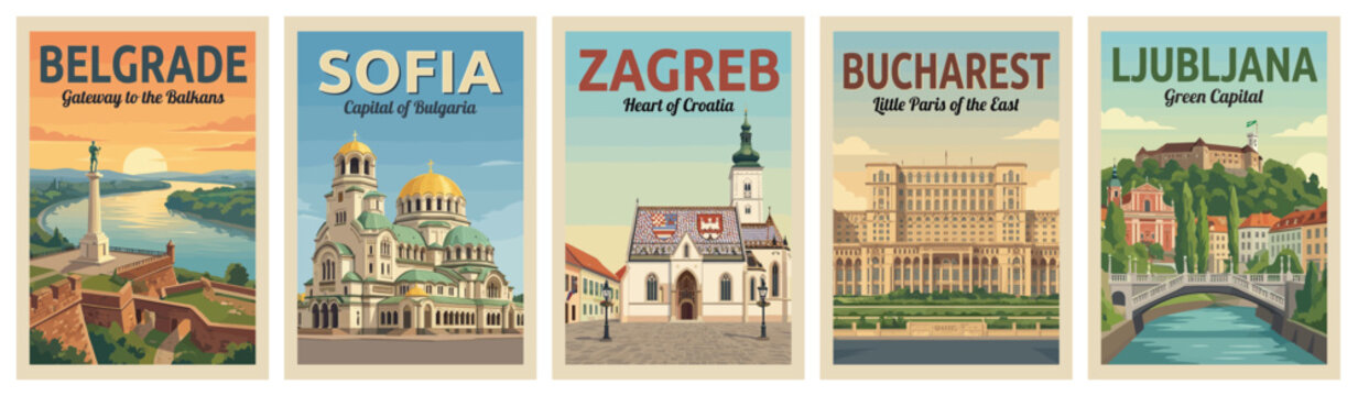 Vintage balkan and east europe travel poster set. Including zagreb, belgrade, ljubljana, bucharest, and sofia. Retro wall art prints.