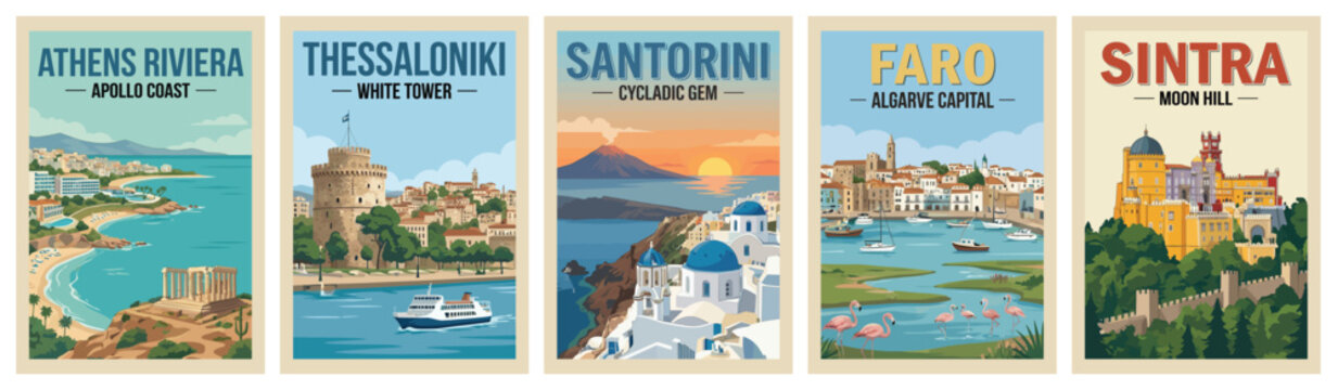 Vintage greece and portugal travel poster set. Including santorini cycladic gem, sintra moon hill, athens riviera, faro algarve, and thessaloniki. Wall art prints.