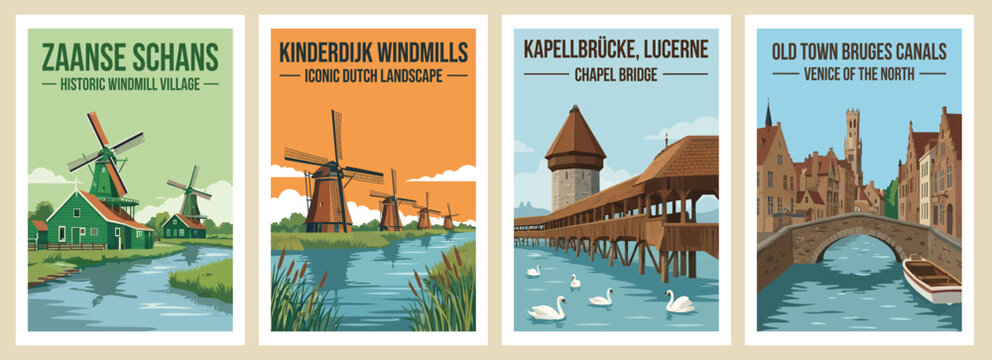 Vintage europe travel poster set. Including kinderdijk windmills, bruges canals belgium, zaanse schans, and kapellbrucke lucerne. Wall art prints.