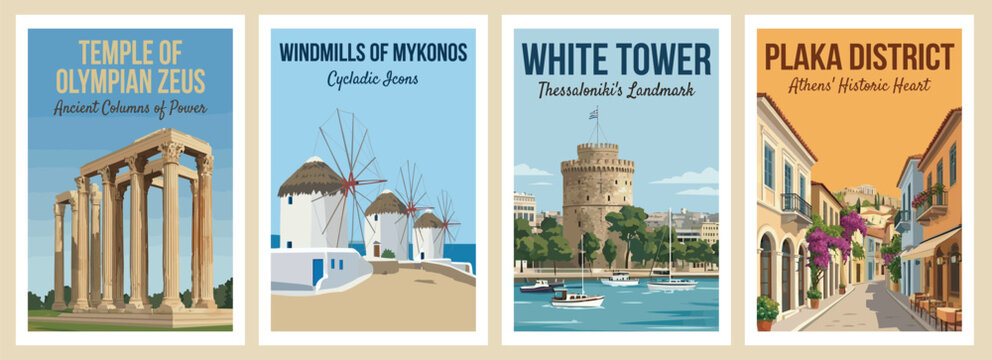 Vintage greece travel poster set. Including plaka district athens, temple of olympian zeus, white tower thessaloniki, and windmills of mykonos. Art prints.