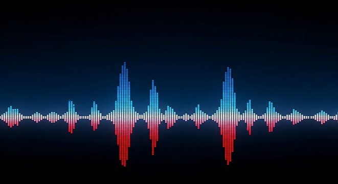 Vibrant sound wave graphic with blue and red peaks on dark background