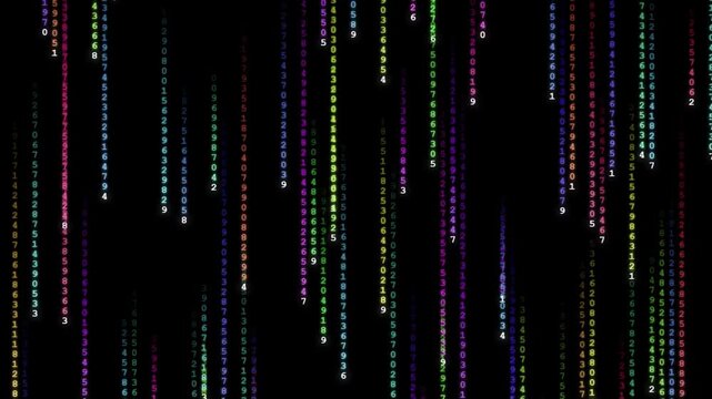 Colorful Matrix Digital Rain With Falling Numbers On Black Background, Vertical Computer Code Streams, Futuristic Cyber Security And Hacker Data Concept