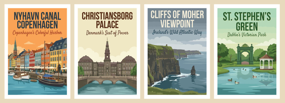 Vintage europe travel poster set. Including christiansborg palace, nyhavn canal copenhagen denmark, st stephens green dublin, and cliffs of moher ireland.