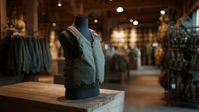 Stylish Casual Sleeveless Jacket Display in Rustic Boutique Shop Atmosphere