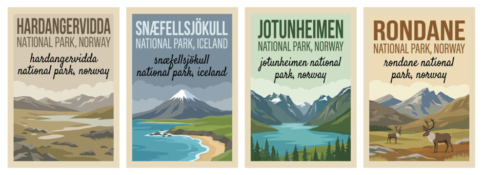 Vintage scandinavia national park travel poster set. Including rondane norway, hardangervidda, jotunheimen, and snaefellsjokull iceland. Wall art prints.