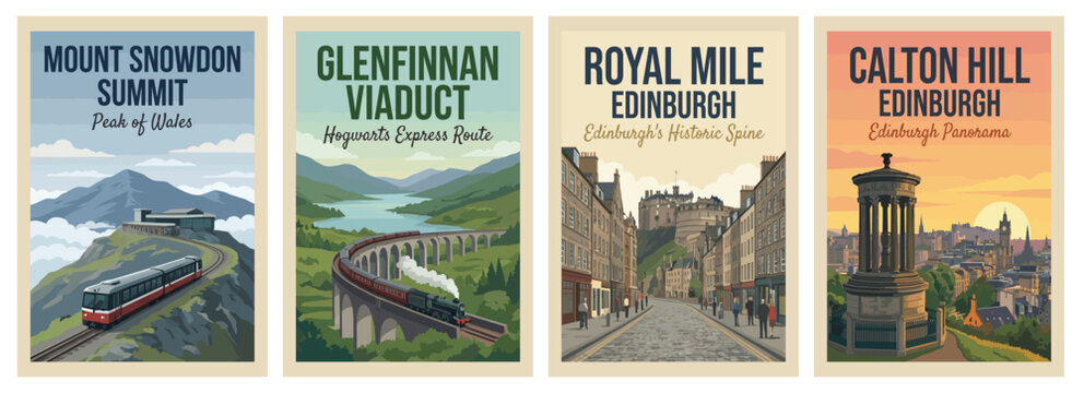 Vintage united kingdom travel poster set. Including calton hill, snownon summit wales, royal mile edinburgh, and glenfinnan viaduct scotland. Wall art prints.