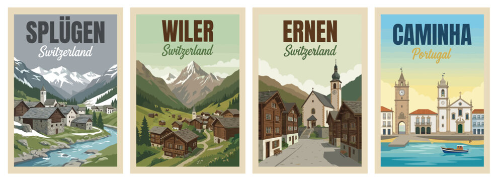 Vintage europe travel poster set. Including ernen switzerland, splugen, wiler alpine village, and caminha portugal coast. Retro flat vector wall art prints.
