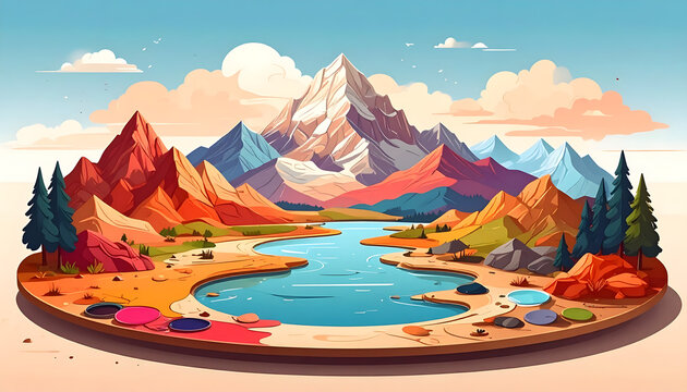 Surreal graphic illustration where a painters palette transforms into a mountain landscape with dried paint mounds and generative AI