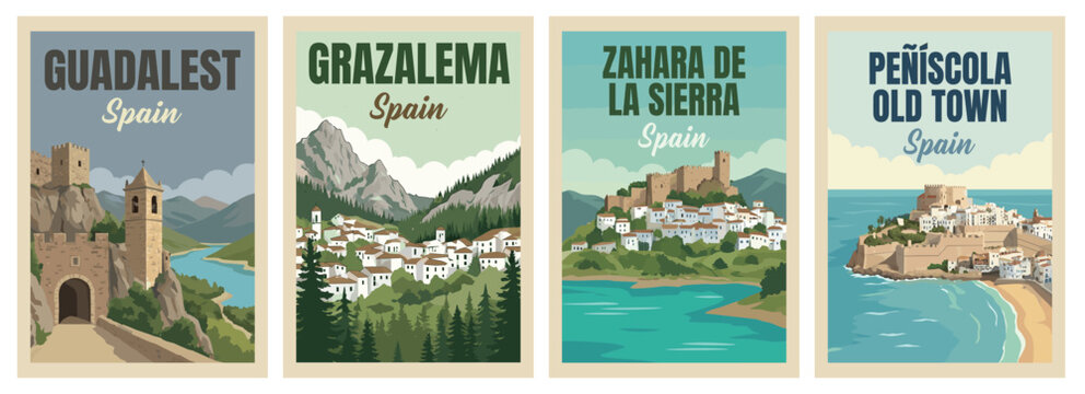 Vintage spain travel poster set. Including peniscola old town, guadalest castle, zahara de la sierra, and grazalema mountains. Retro wall art decor prints.