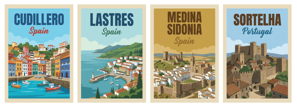 Vintage europe travel poster set. Including sortelha portugal, cudillero spain harbor, medina sidonia, and lastres coastal village. Retro wall art decor prints.