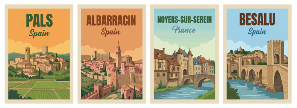 Vintage europe travel poster set. Including besalu stone bridge spain, pals medieval village, noyers sur serein france, and albarracin. Wall art decor prints.