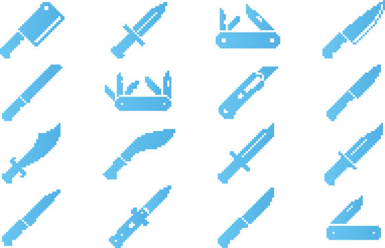 Collection of pixelated knife icons including cleavers pocket knives combat knives and hunting knives for blades weapons and cutlery design elements.