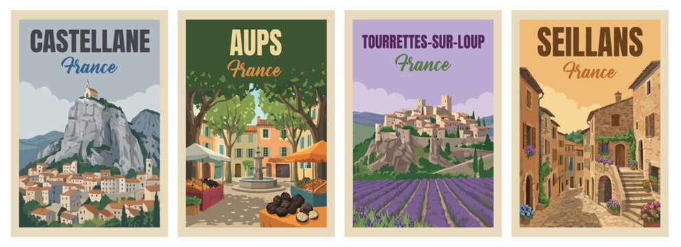 Vintage provence france travel poster set. Including aups truffle market, seillans streets, castellane rock chapel, and tourrettes sur loup lavender fields.