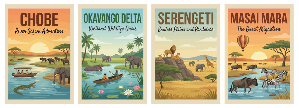 Majestic safari travel poster set. Including okavango delta, masai mara, chobe, and serengeti for iconic wall art prints. Retro vector illustration.