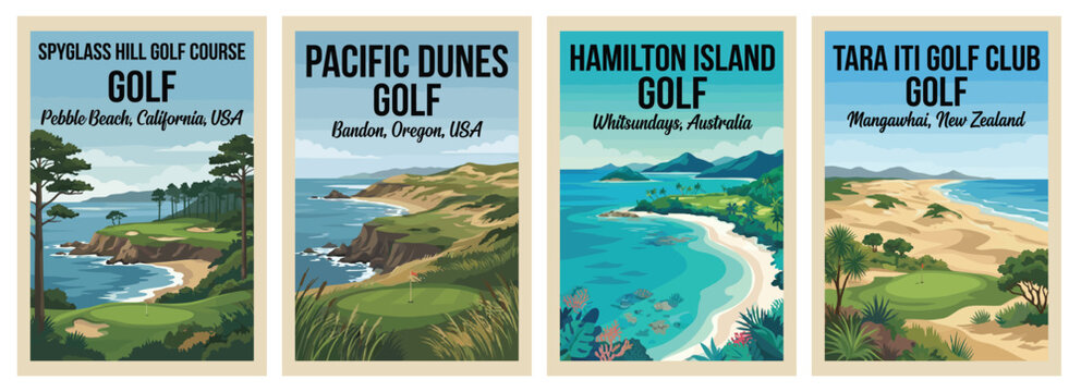 Vintage golf poster set. Including hamilton island, tara iti new zealand, pacific dunes oregon, and spyglass hill california. Retro vector illustration.