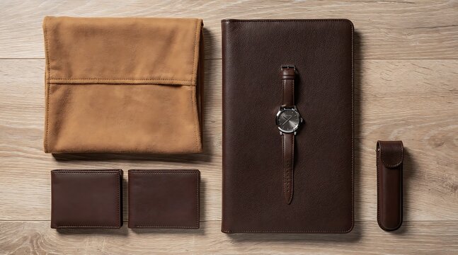 Elegant Brown Leather Accessories - Watch, Wallets, and Pouch on Wooden Surface.