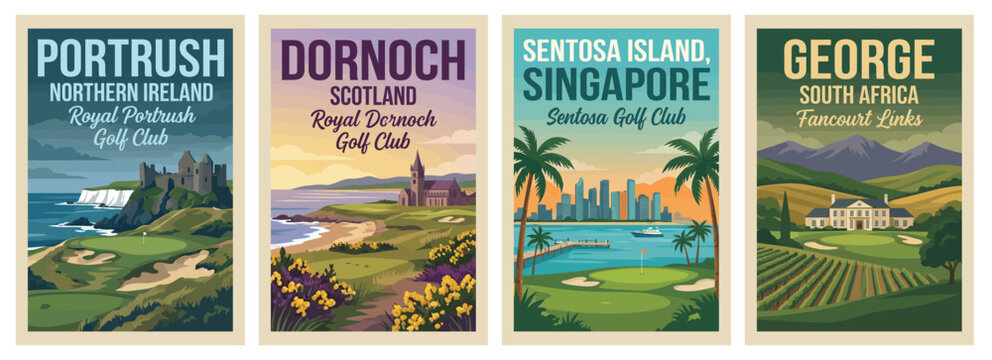 Vintage golf poster set. Including sentosa island singapore, george south africa fancourt links, dornoch scotland, and royal portrush. Retro vector illustration.
