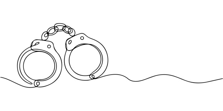 handcuffs continuous one line drawing, Handcuffs continuous one line drawing, one continuous line drawing handcuffs minimalist design vector illustration law theme object isolated on white background