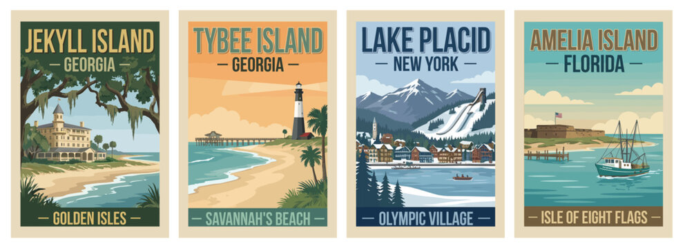Vintage USA travel poster set. Featuring lake placid mountain resort, amelia island florida, jekyll island, and tybee island coast. Retro vector art.