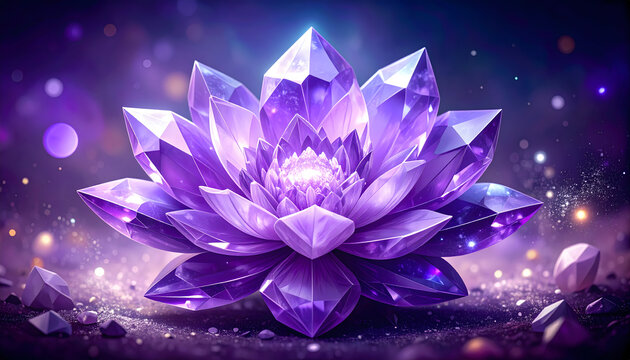 Graphic illustration of a flower where the petals are translucent amethyst crystals with sharp geometric facets and purple generative AI