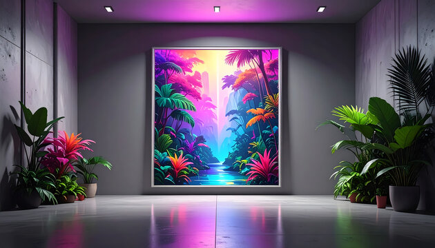 Graphic illustration of a gray dull room with a single painting acting as an open portal to colorful vibrant jungle generative AI