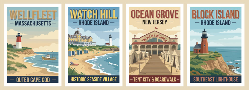 Vintage USA travel poster set. Featuring block island lighthouse, ocean grove boardwalk, watch hill seaside village, and wellfleet cape cod coast. Retro vector.
