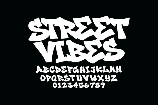 Street vibes typography design with alphabet and numbers on dark background