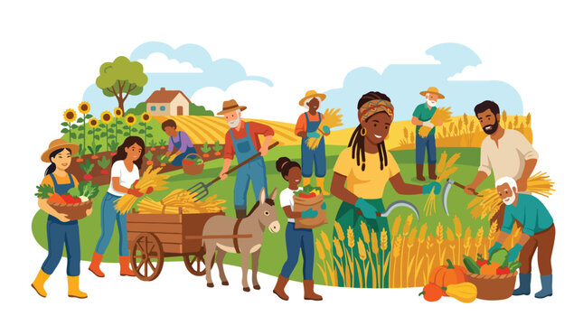 Diverse group of farmers and agricultural workers harvesting crops and vegetables in a rural countryside field with a donkey and farmhouse in flat 2D vector illustration style