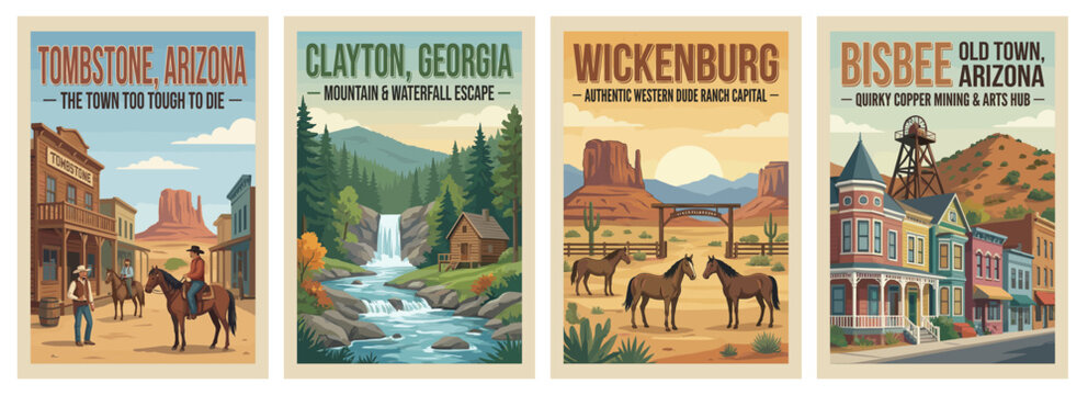 Vintage USA travel poster set. Including bisbee mining town, wickenburg dude ranch, clayton mountain waterfall, and tombstone western street. Retro vector.