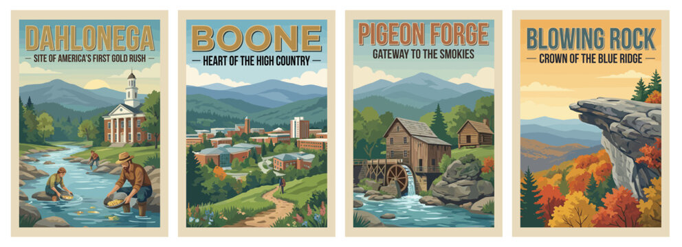 Vintage USA travel poster set. Including blowing rock, smoky mountains, dahlonega gold rush, and boone high country. Retro mountain vector illustration.