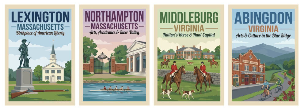 Vintage USA travel poster set. Including abingdon arts, middleburg horse country, northampton campus, and lexington history. Retro vector illustration.