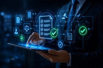 Fototapeta premium Business executive using holographic compliance dashboard on tablet with legal security and audit icons, digital governance, document management, risk control, corporate compliance, data protection
