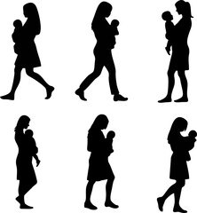 Obraz premium Mother and toddler silhouette mom kneeling holding hands vector illustration family love care bond, baby and mom silhouette 