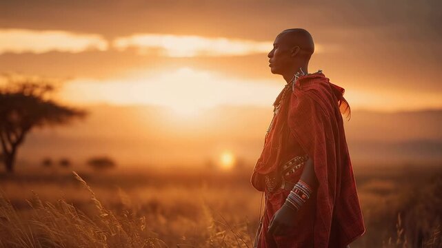 Maasai warrior walks through the grassland at sunset wearing a red shuka and beadwork in the African savanna