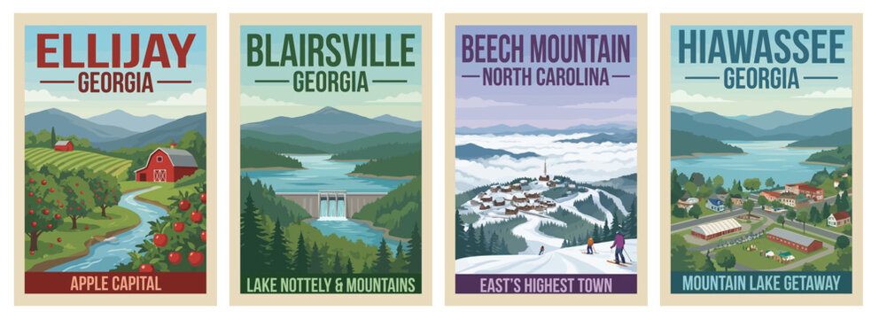 Vintage travel poster set featuring Hiawassee, Blairsville and Ellijay, Georgia. Beech Mountain, North Carolina with lake, ski, dam and apple scenery.