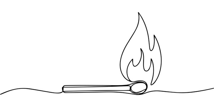 lit matchstick and flame continuous one line drawing, lit matchstick against continuous one line drawing, Continuous one line drawing of burning match. simple burning match stick line art vector 