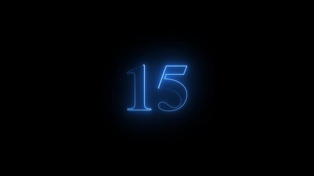 Neon 15 number mathematics text icon animation blue color text on black background.Number 15 vector illustration. 