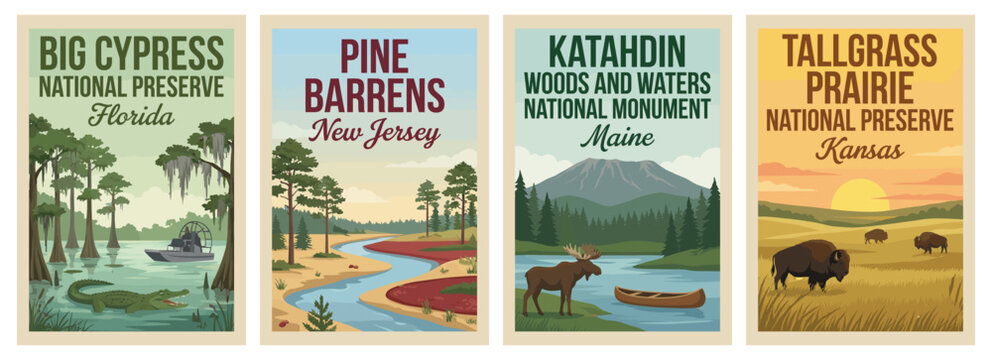 Vintage usa travel poster set. Including pine barrens, katahdin woods and waters, big cypress preserve, and tallgrass prairie. Retro vector illustration.