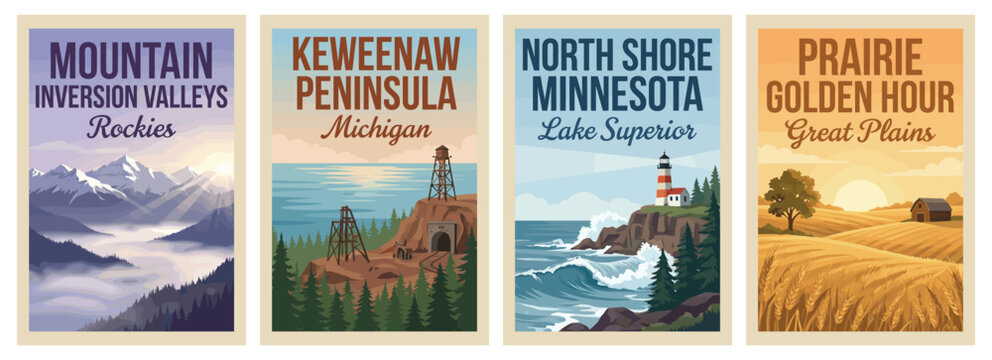 Vintage usa travel poster set. Including mountain inversion valleys, north shore lake superior, prairie golden hour, and keweenaw peninsula. Retro vector illustration.