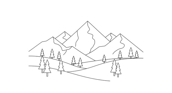 Minimalist line art mountain range with scattered trees and peaks