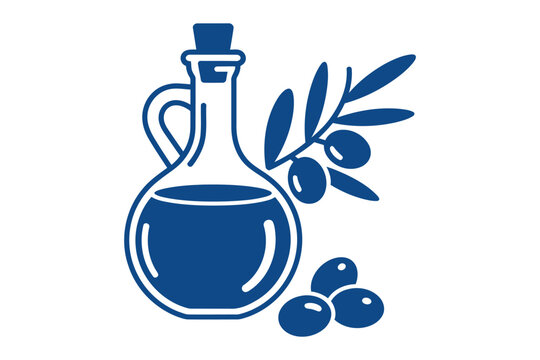 Blue olive oil bottle with olives and olive branch flat