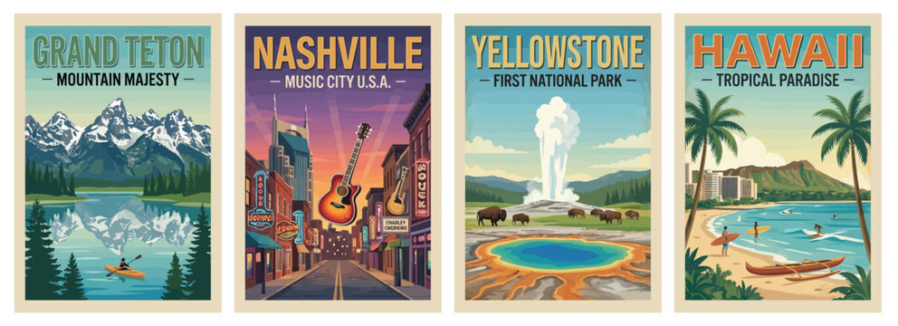 Vintage usa travel poster set. Including nashville music city, hawaii tropical paradise, yellowstone park, and grand teton mountain majesty. Retro vector art.