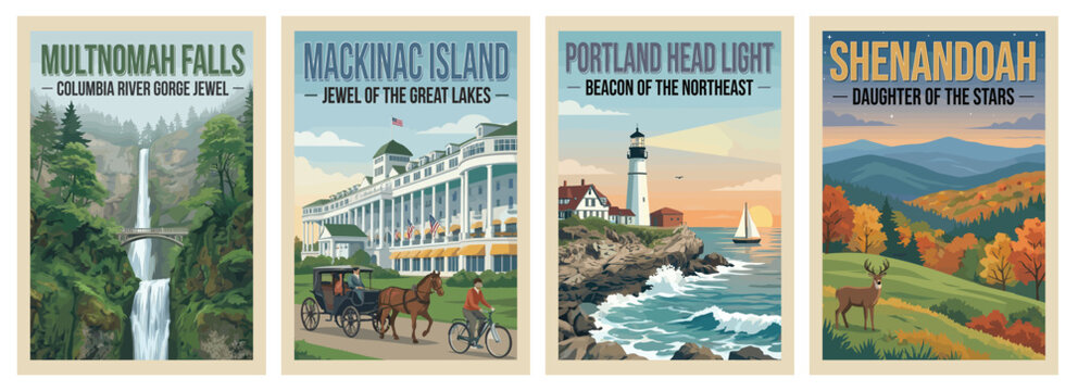Vintage usa travel poster set. Including shenandoah valley, portland head light maine, mackinac island, and multnomah falls. Retro vector illustration.