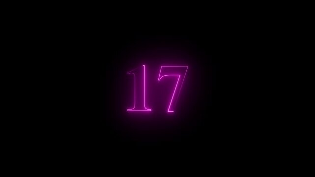 Neon 17 number mathematics text icon animation violet color text on black background.Number 17 vector illustration. 