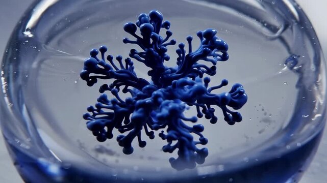 Macro CGI animation of blue ink spreading in clear liquid forming a complex organic fractal pattern and viscous fingering