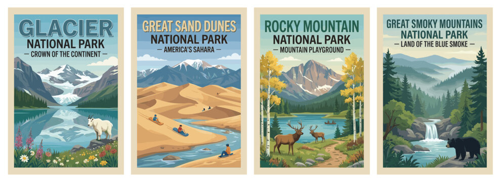 Vintage usa travel poster set. Including rocky mountain, great smoky mountains, great sand dunes, and glacier national park. Retro vector illustration.