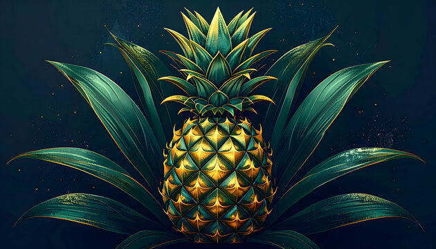 Graphic illustration of a pineapple with geometric diamond patterns in gold and emerald on a dark navy background generative AI