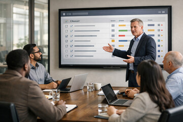 Fototapeta premium Diverse business team meeting in modern office with executive presenting digital project management dashboard, collaboration, corporate strategy, productivity teamwork planning leadership presentation