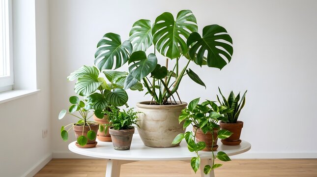 Variety of potted houseplants displayed on white table near window